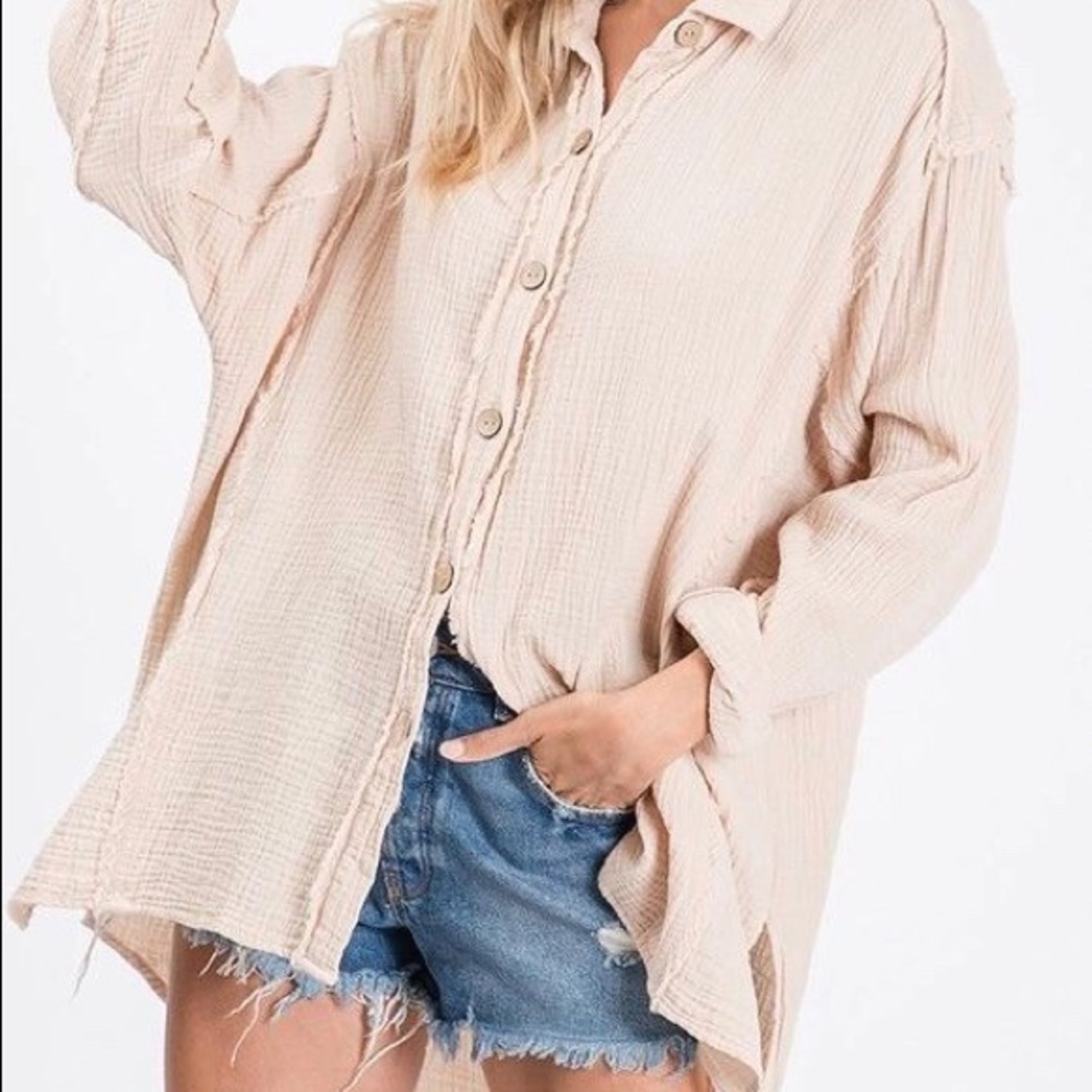 New Cotton gauze long sleeve button down shirt